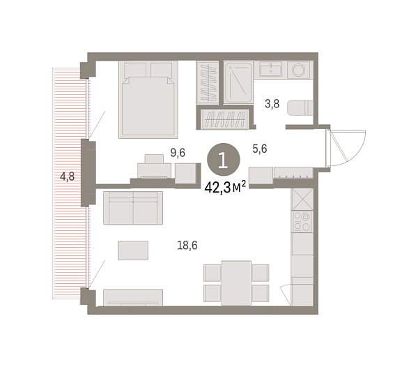 Новая 1-к квартира
 42.32 м² на 3/9 этаже в ЖК «Брусника в Академическом» в городе Тюмень 