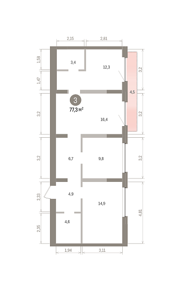 Количество комнат: 3,  77.34 кв.м.