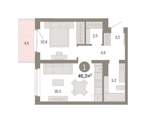 Новая 1-к квартира
 46.33 м² на 4/7 этаже в ЖК «Кварталы «На Минской»» в городе Тюмень 