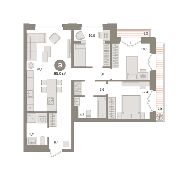 Новая 3-к квартира
 95 м² на 7/25 этаже в ЖК «Квартал «МОНС»» в городе Тюмень 