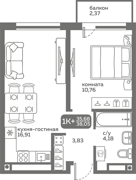 Новая 1-к квартира
 35.68 м² на 11/20 этаже в ЖК «Меридиан Слобода» в городе Тюмень 