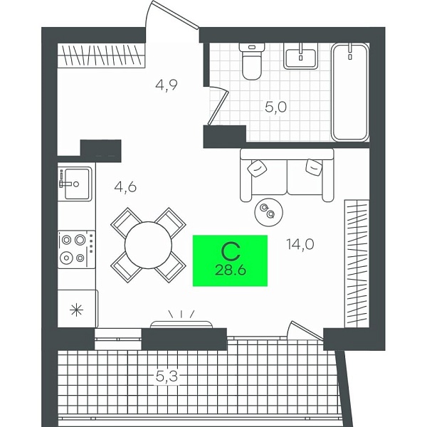 Новая квартира-студия
 33.93 м² на 5/10 этаже в ЖК «Гранд Квартал» в городе Тюмень 