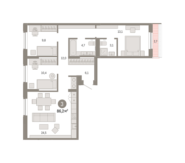 Новая 3-к квартира
 86.18 м² на 7/7 этаже в ЖК «Октябрьский на Туре» в городе Тюмень 
