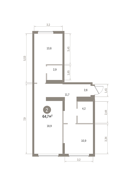 Количество комнат: 2,  64.7 кв.м.