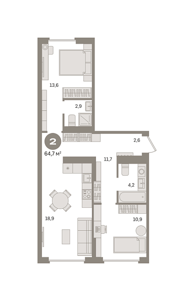 Новая 2-к квартира
 64.7 м² на 6/8 этаже в ЖК «Первый квартал» в городе Тюмень 