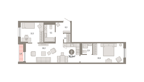 Новая 2-к квартира
 76.86 м² на 6/17 этаже в ЖК «Республики 205» в городе Тюмень 