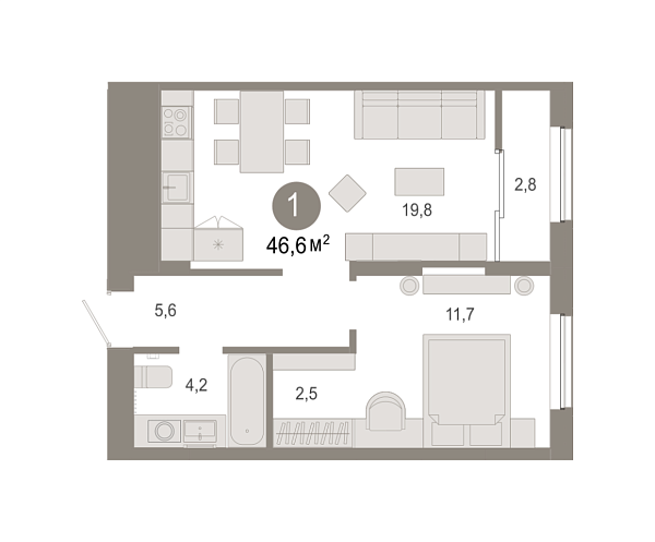 Новая 1-к квартира
 46.58 м² на 17/17 этаже в ЖК «Октябрьский на Туре» в городе Тюмень 