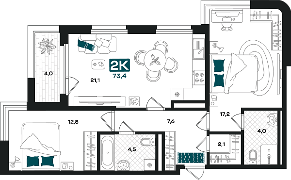 Новая 2-к квартира
 73.4 м² на 3/23 этаже в ЖК «Добро» в городе Тюмень 