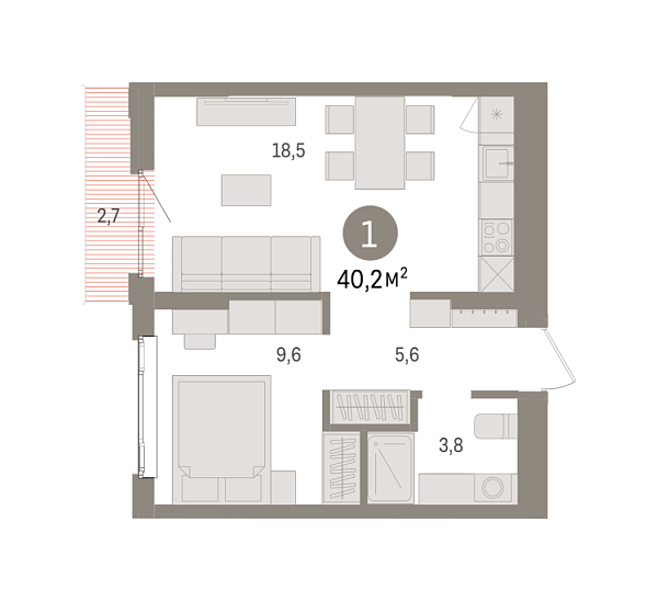 Новая 1-к квартира
 40.2 м² на 7/9 этаже в ЖК «Квартал «Траектория»» в городе Тюмень 