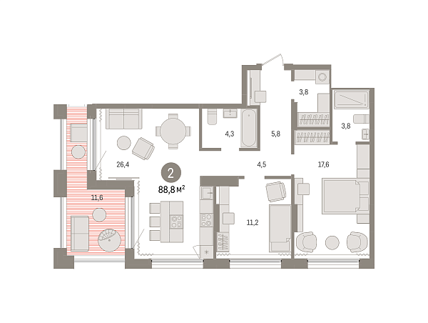 Новая 2-к квартира
 88.78 м² на 17/17 этаже в ЖК «Октябрьский на Туре» в городе Тюмень 