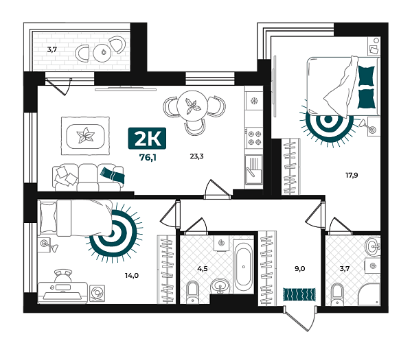 Новая 2-к квартира
 76.1 м² на 3/23 этаже в ЖК «Добро» в городе Тюмень 