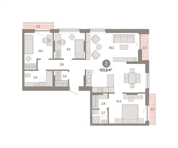 Новая 3-к квартира
 103.75 м² на 5/9 этаже в ЖК «Октябрьский на Туре» в городе Тюмень 