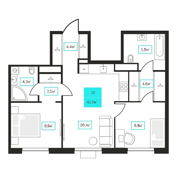 Количество комнат: 2,  61.7 кв.м.