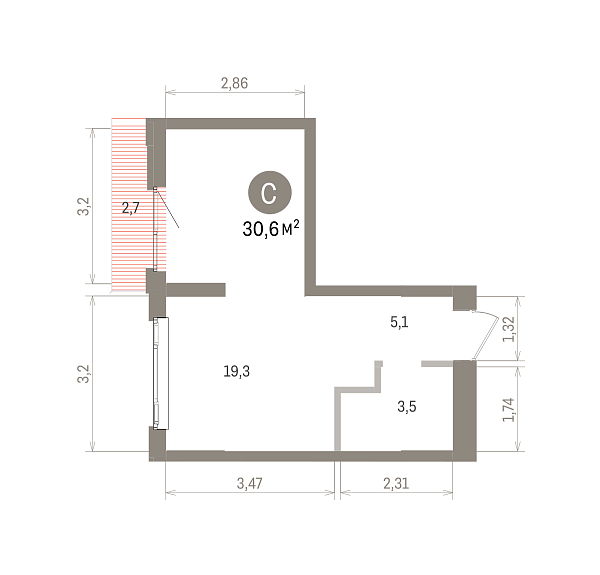 Количество комнат: Студия,  30.6 кв.м.