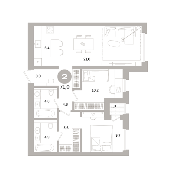 Новая 2-к квартира
 70.99 м² на 5/18 этаже в ЖК «Северный ветер» в городе Тюмень 