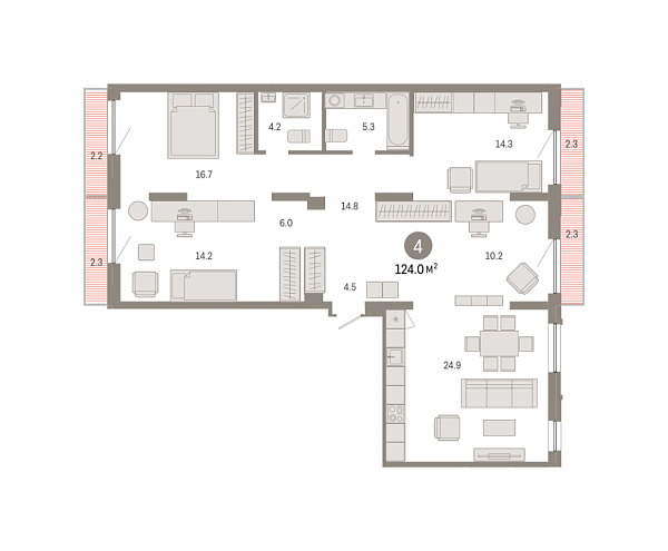 Новая 4-к квартира
 123.95 м² на 2/7 этаже в ЖК «Октябрьский на Туре» в городе Тюмень 