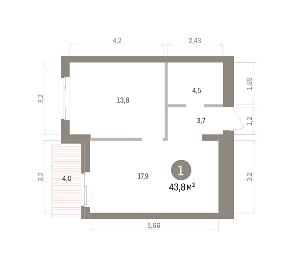 Количество комнат: 1,  43.83 кв.м.