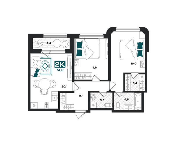 Новая 2-к квартира
 74.2 м² на 4/23 этаже в ЖК «Добро» в городе Тюмень 