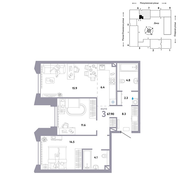Новая 3-к квартира
 67.9 м² на 23/30 этаже в ЖК «Страна.Озёрная» в городе Тюмень 
