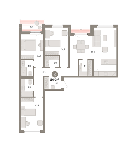 Новая 3-к квартира
 116.03 м² на 6/8 этаже в ЖК «Зарека» в городе Тюмень 