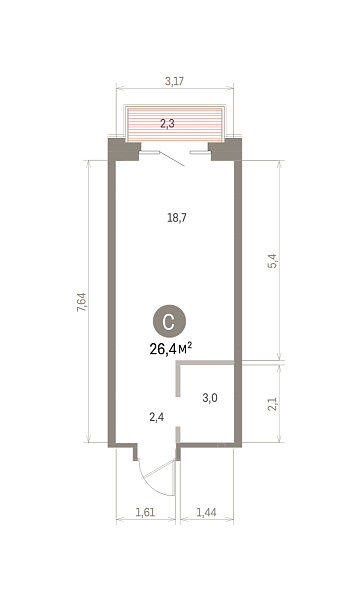 Количество комнат: Студия,  26.4 кв.м.