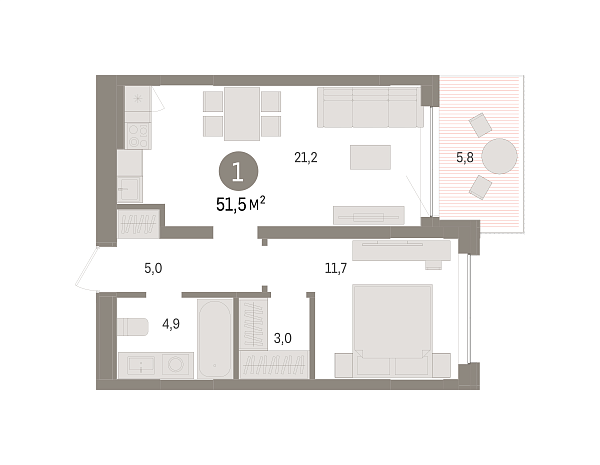 Новая 1-к квартира
 51.52 м² на 2/4 этаже в ЖК «Европейский квартал» в городе Тюмень 