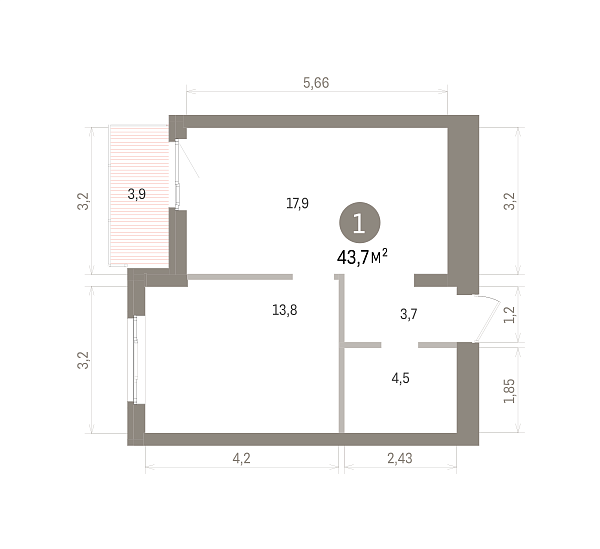 Количество комнат: 1,  43.7 кв.м.