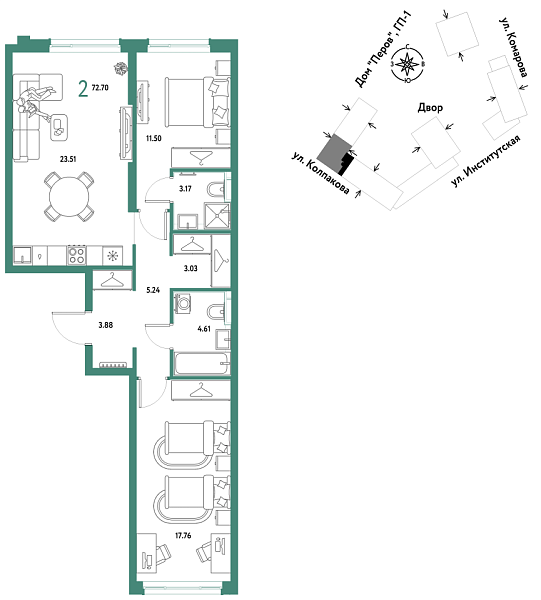 Новая 2-к квартира
 72.7 м² на 7/25 этаже в ЖК «Страна.Парковая» в городе Тюмень 