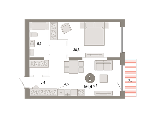 Новая 1-к квартира
 56.85 м² на 4/17 этаже в ЖК «Республики 205» в городе Тюмень 