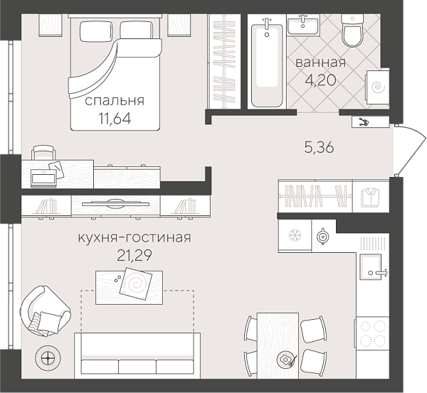 Новая 1-к квартира
 42.49 м² на 3/4 этаже в ЖК «Скандиа. Квартал у Озера» в городе Тюмень 