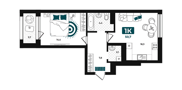 Новая 1-к квартира
 50.7 м² на 2/23 этаже в ЖК «Добро» в городе Тюмень 