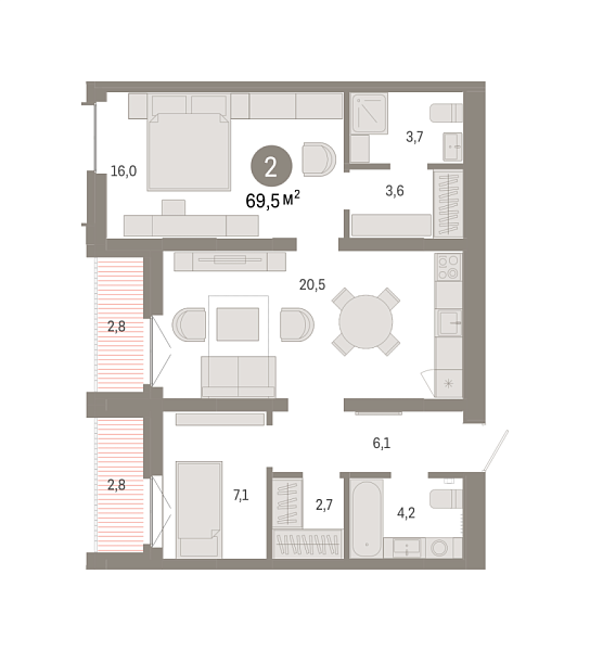 Новая 2-к квартира
 69.47 м² на 7/16 этаже в ЖК «Республики 205» в городе Тюмень 