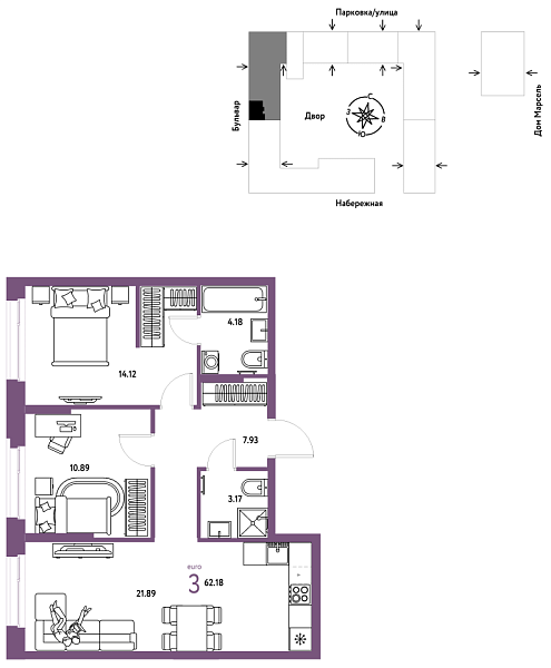 Новая 3-к квартира
 62.18 м² на 4/24 этаже в ЖК «Европейский берег 2.0» в городе Тюмень 