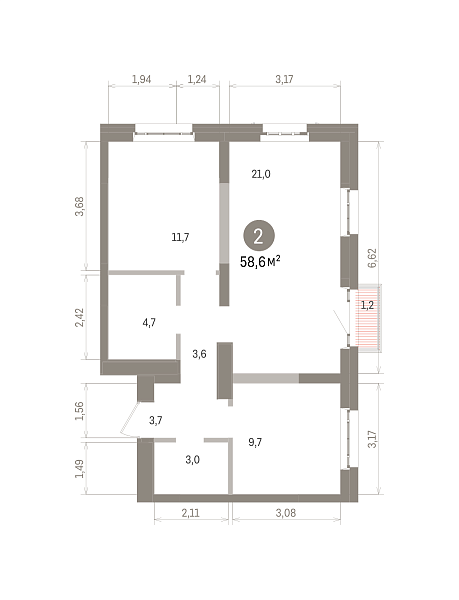 Количество комнат: 2,  58.6 кв.м.
