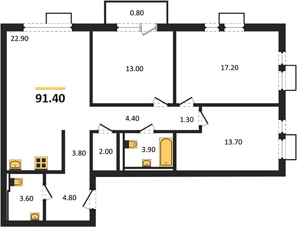 Новая 3-к квартира
 91.4 м² на 21/24 этаже в ЖК «Барса» в городе Тюмень 