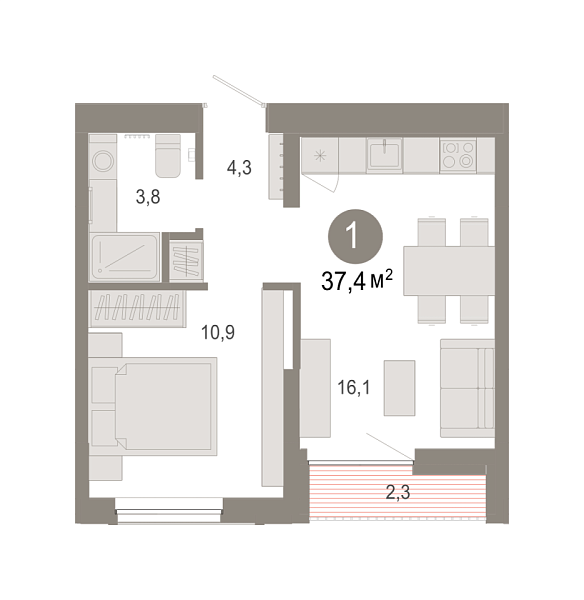 Новая 1-к квартира
 37.39 м² на 5/7 этаже в ЖК «Октябрьский на Туре» в городе Тюмень 