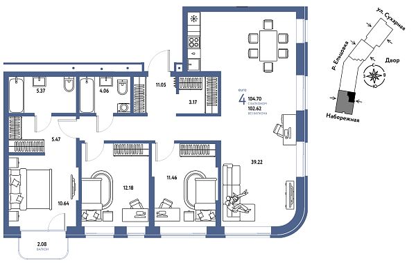 Новая 4-к квартира
 104.7 м² на 5/29 этаже в ЖК «Страна.Береговая» в городе Тюмень 