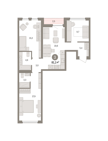 Новая 3-к квартира
 81.1 м² на 4/7 этаже в ЖК «Зарека» в городе Тюмень 