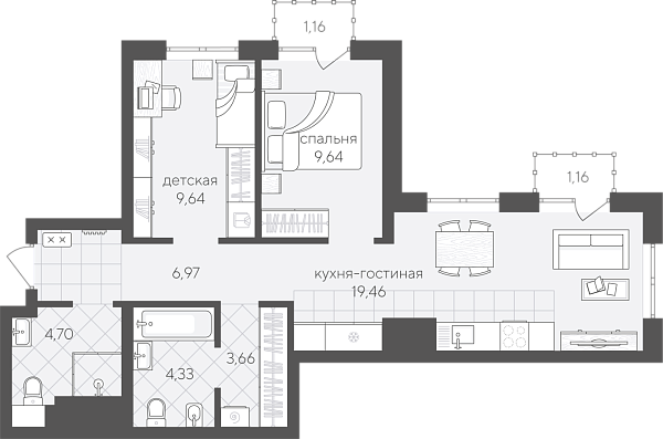 Новая 2-к квартира
 60.72 м² на 8/24 этаже в ЖК «Скандиа. Квартал в Комарово Парк» в городе Тюмень 