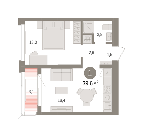 Новая 1-к квартира
 39.57 м² на 4/7 этаже в ЖК «Кварталы «На Минской»» в городе Тюмень 