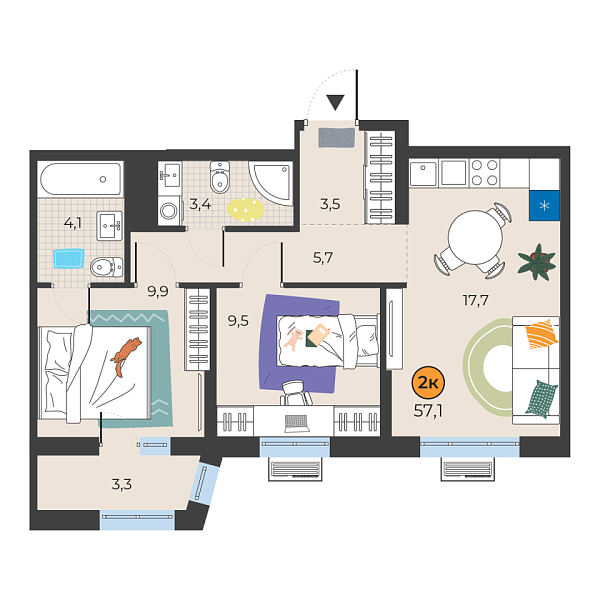 Новая 2-к квартира
 54.8 м² на 14/25 этаже в ЖК «Корней» в городе Тюмень 