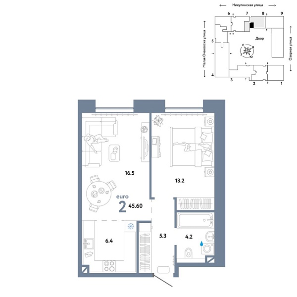 Новая 2-к квартира
 45.6 м² на 2/30 этаже в ЖК «Страна.Озёрная» в городе Тюмень 