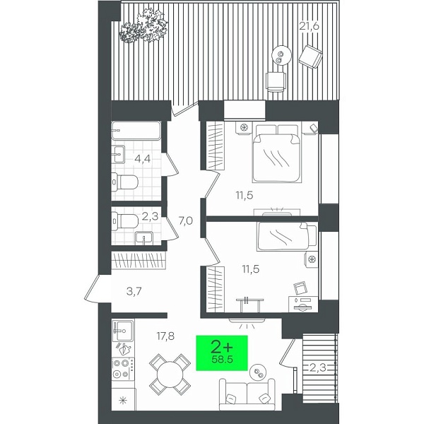 Новая 2-к квартира
 82.55 м² на 7/8 этаже в ЖК «Гранд Квартал» в городе Тюмень 
