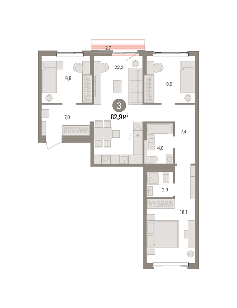 Новая 3-к квартира
 82.9 м² на 5/9 этаже в ЖК «Квартал «Траектория»» в городе Тюмень 
