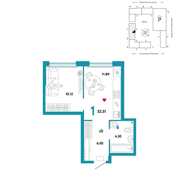 Новая 1-к квартира
 32.51 м² на 6/25 этаже в ЖК «Сердце Сибири» в городе Тюмень 