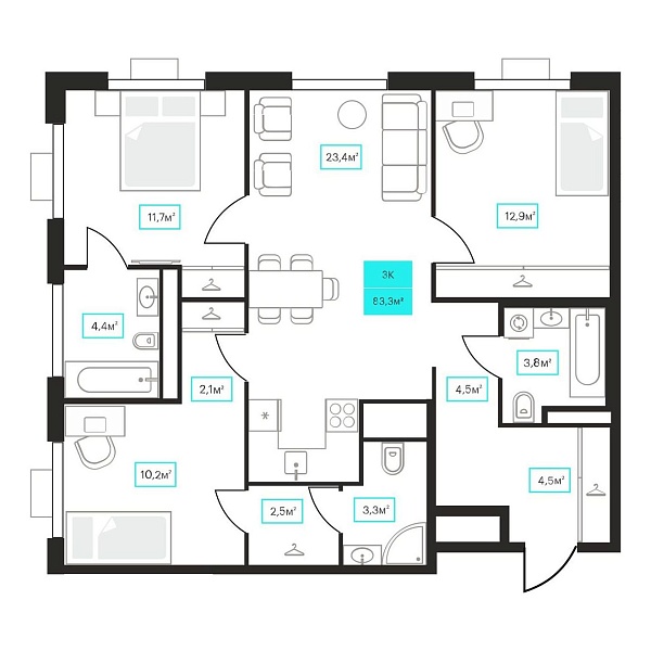 Количество комнат: 3,  83.3 кв.м.
