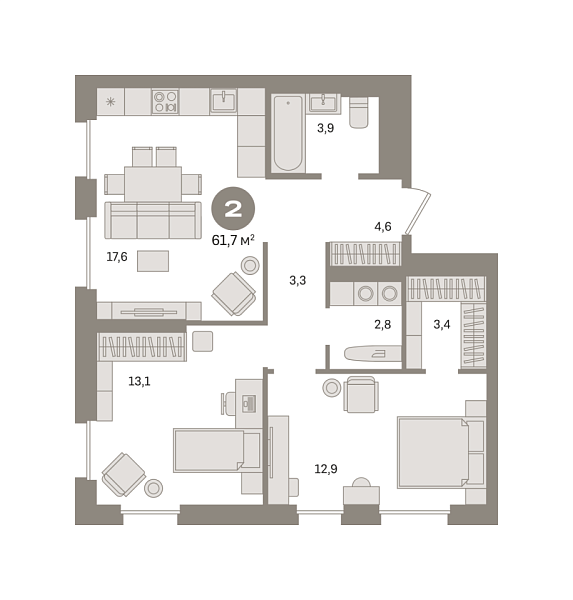 Новая 2-к квартира
 61.67 м² на 2/30 этаже в ЖК «Квартал Герцена» в городе Тюмень 