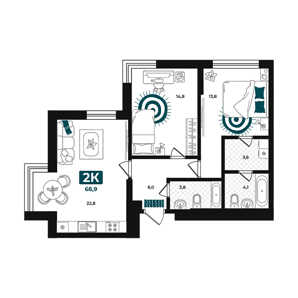 Новая 2-к квартира
 68.9 м² на 17/23 этаже в ЖК «Добро» в городе Тюмень 