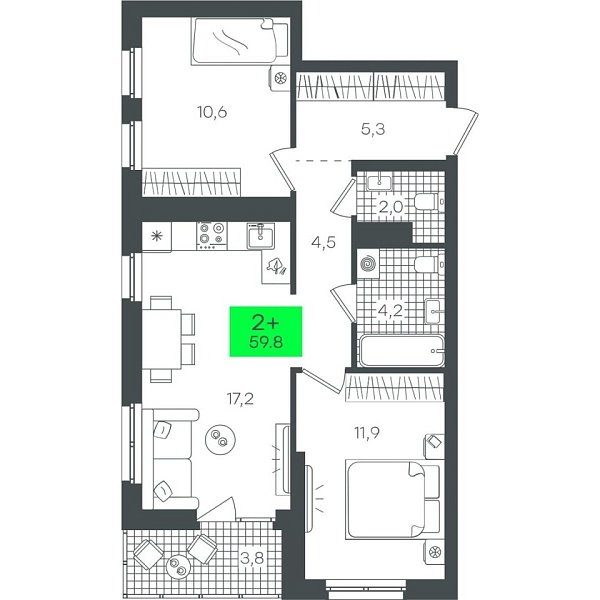 Новая 2-к квартира
 59.8 м² на 15/22 этаже в ЖК «Гранд Квартал» в городе Тюмень 