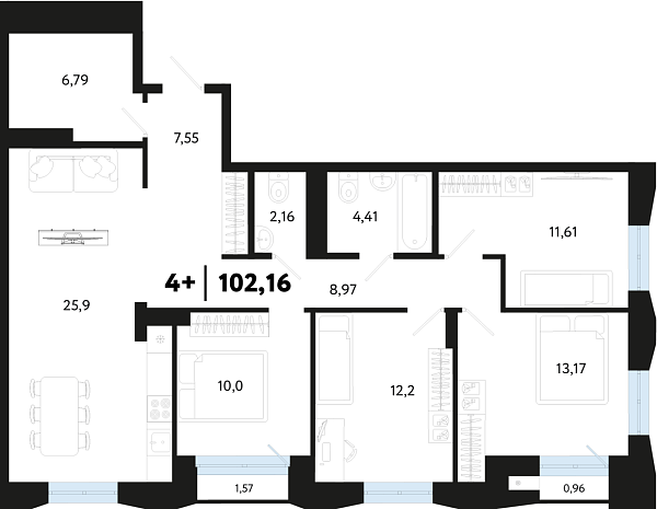 Новая 4-к квартира
 102.16 м² на 5/16 этаже в ЖК «Кедровый берег» в городе Тюмень 